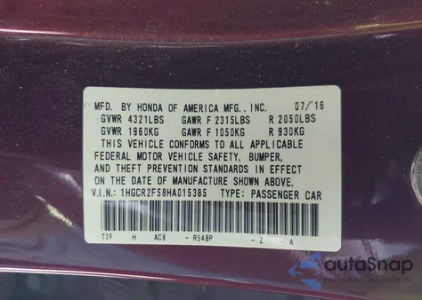 2017 Honda Accord Sport z USA, uszkodzony, nr VIN 1HGCR2F58HA015385